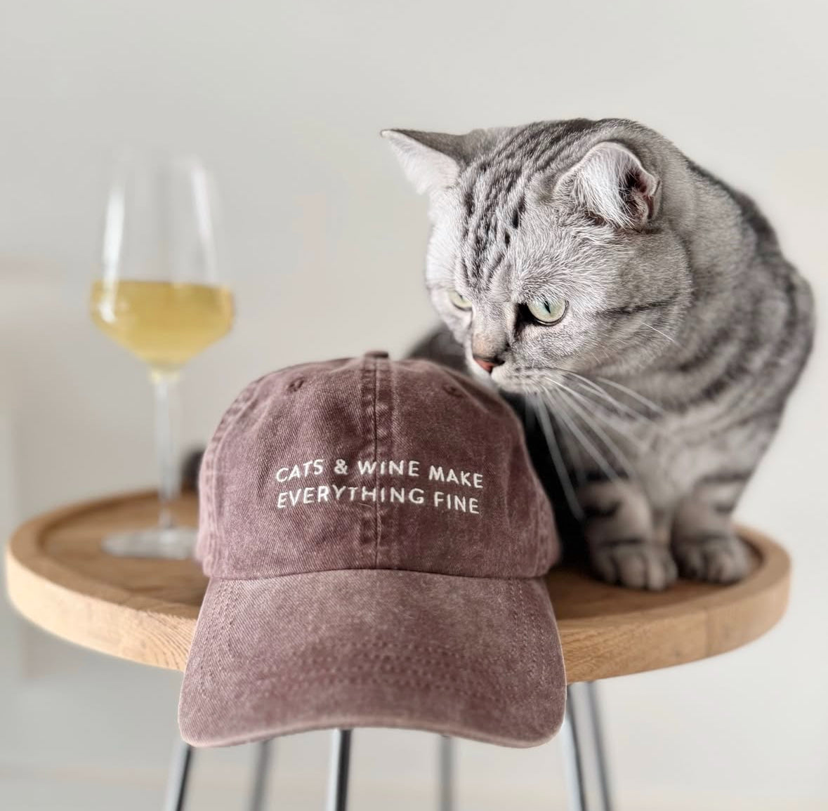 Brązowa czapka dżinsowa - Cats & Wine Make Everything Fine