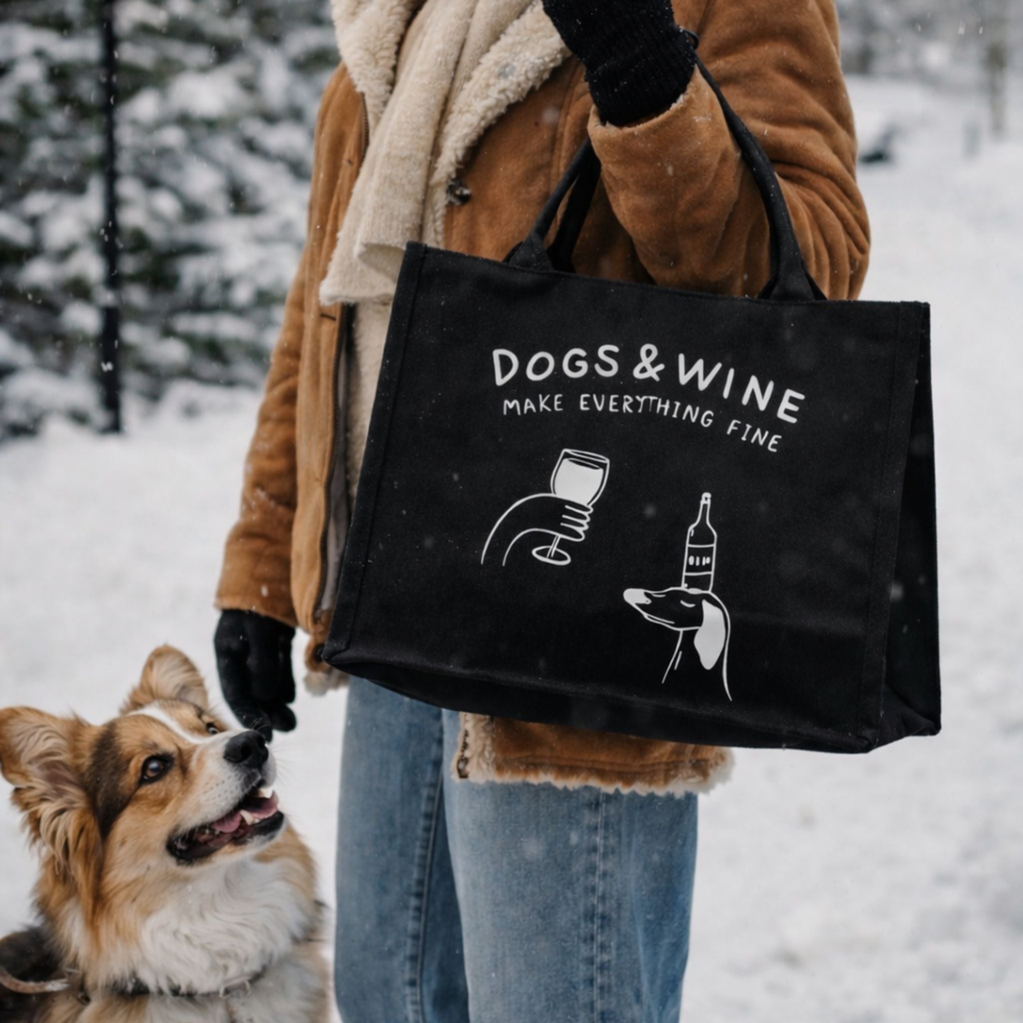 Person holding a black tote bag with 'Dogs & Wine Make Everything Fine' text and graphics in a snowy setting.