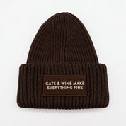 Dark Brown Wool Beanie - Cats & Wine Make Everything Fine