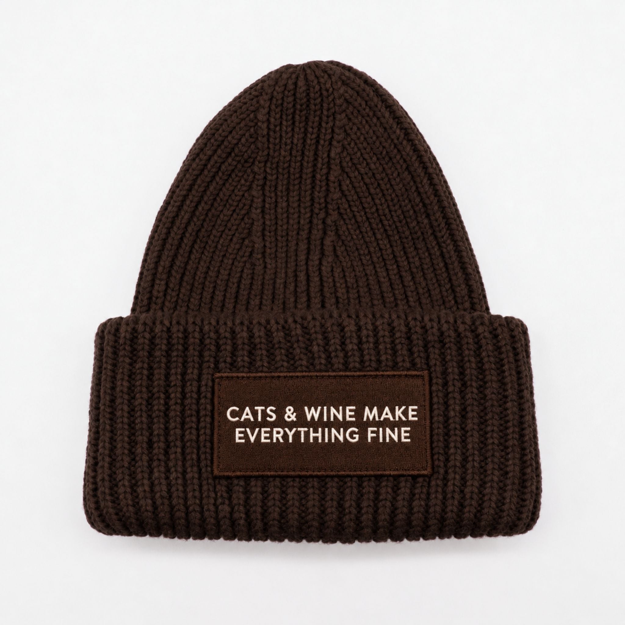 Dark Brown Wool Beanie - Cats & Wine Make Everything Fine