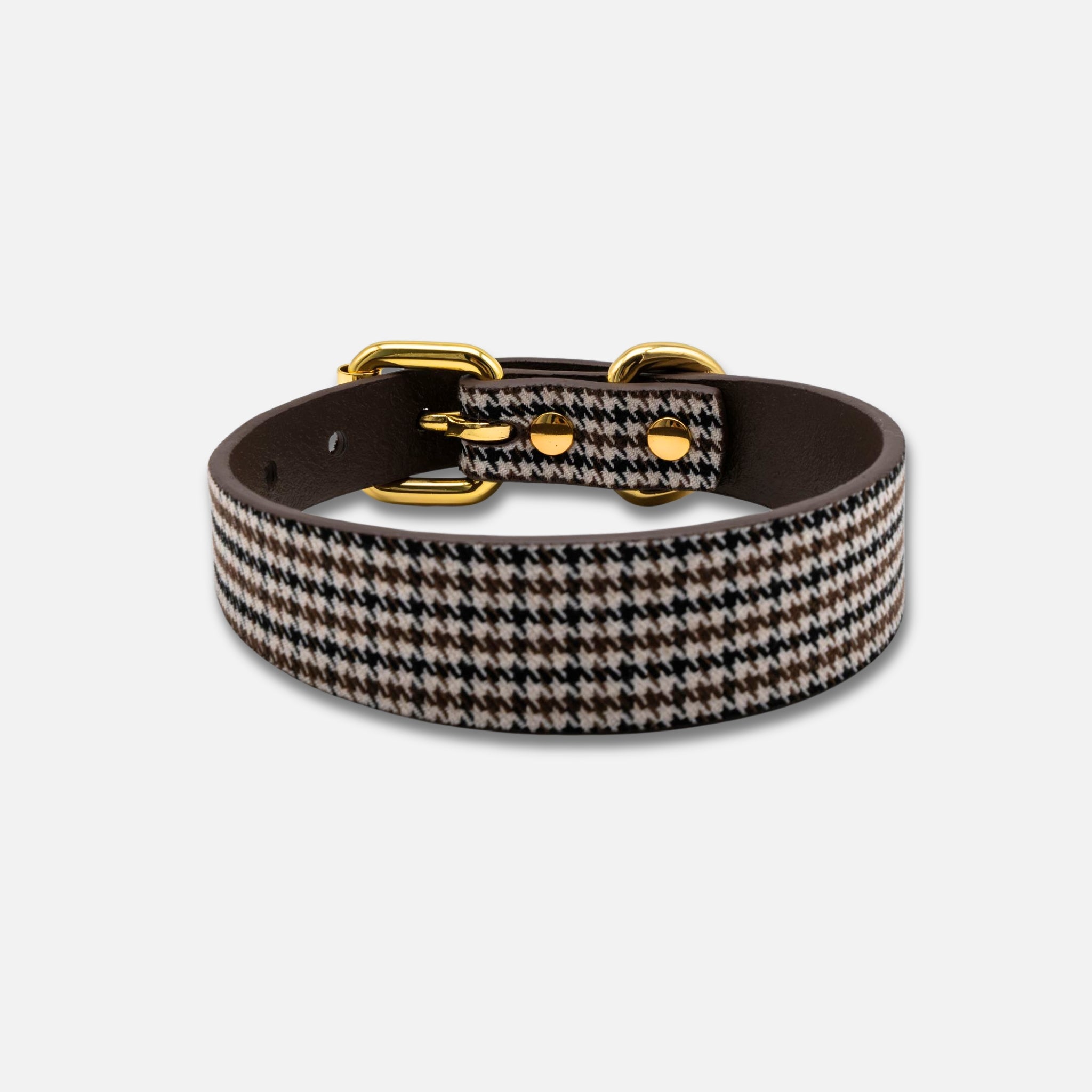 Beżowa obroża dla psa w kratę houndstooth - cienka.